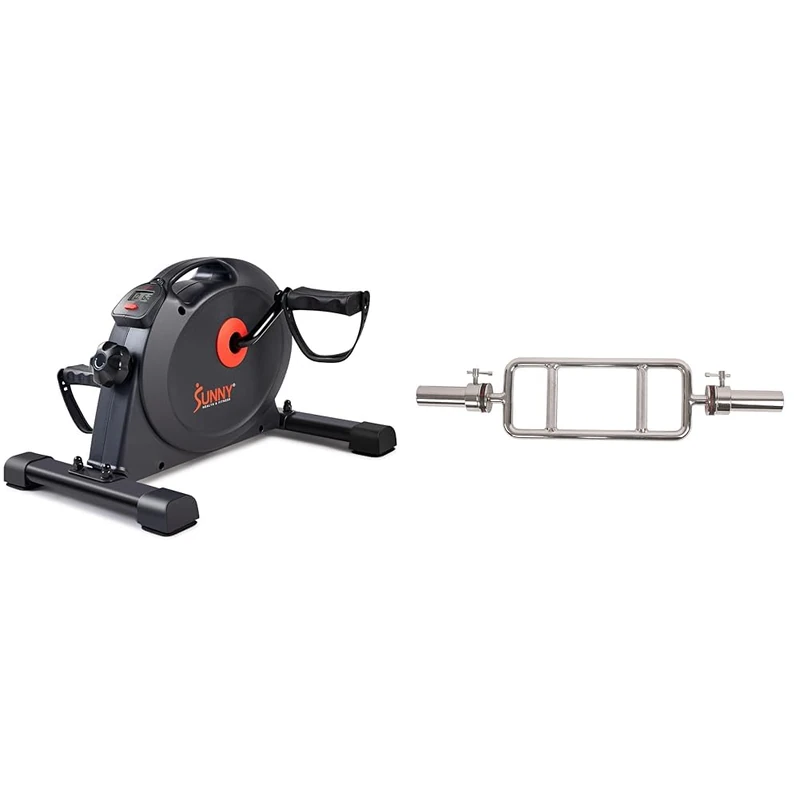 Sunny Health & Fitness Under Desk Dual Function Smart Mini Arm & Leg Pedal Exerciser Cycle Bikes + 86 cm Olympic Triceps Bar with Ring Collars, Olympic Weight for Weightlifting and Bodybuilding