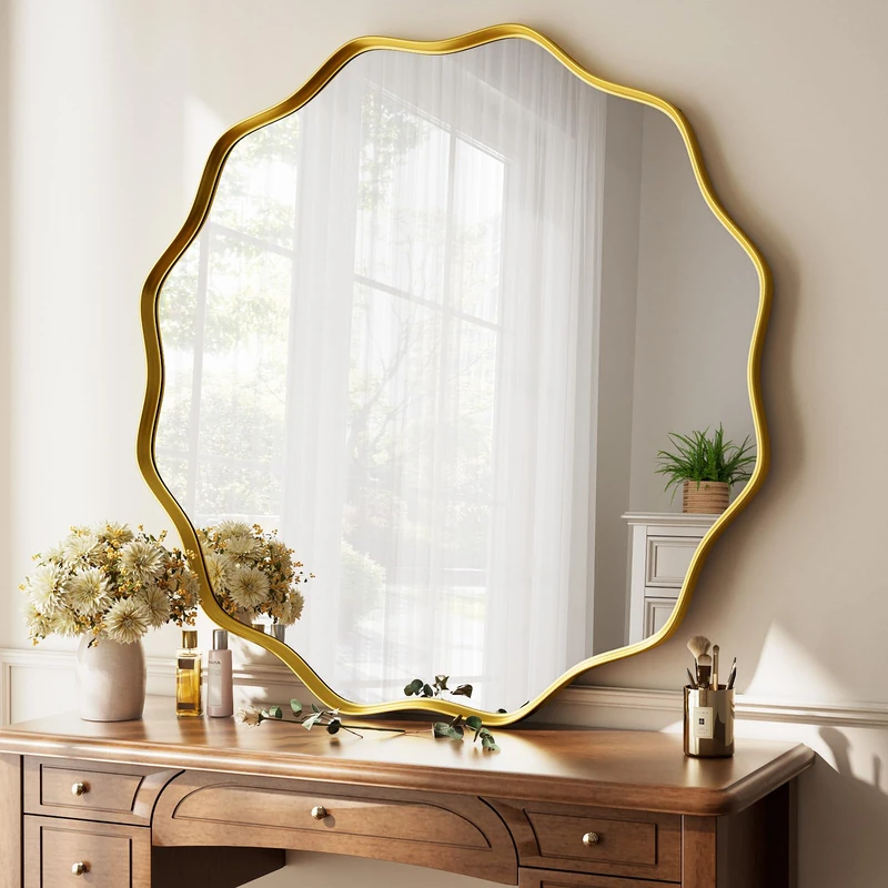 Koonmi Wavy Edge Large Round Mirror, 90cm Wall Mirror with Textured Round Metal Frame, be Hung or Placed against the Wall, suitable for Bathroom, Corridor, Entrance, Living Room, Gold