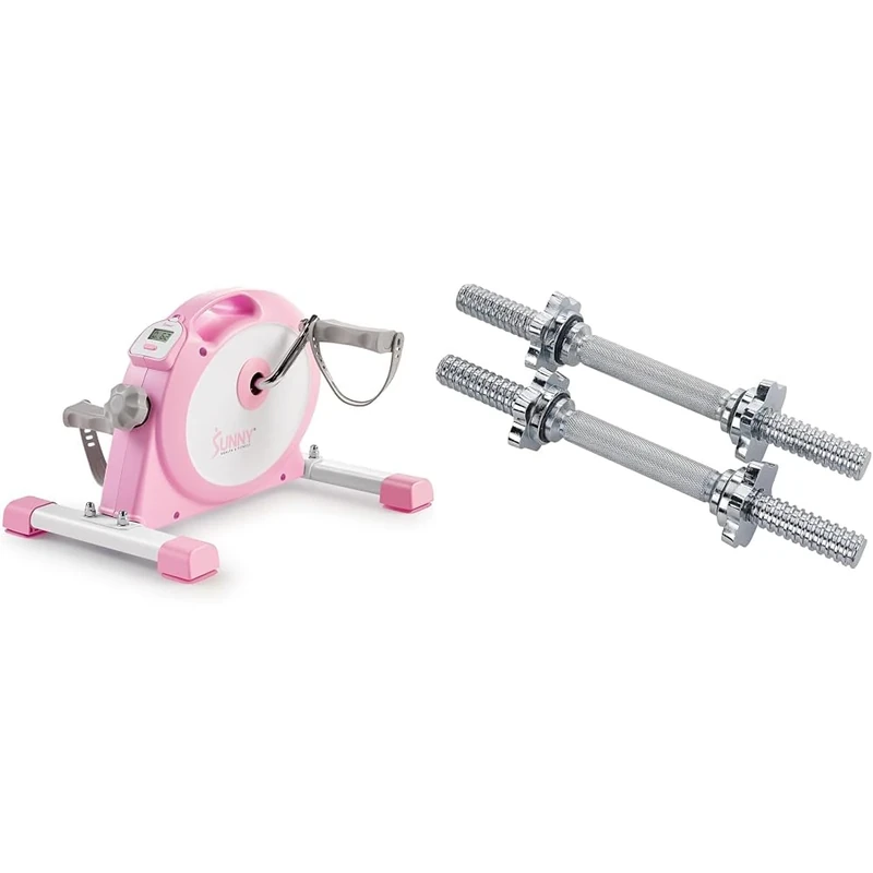 Sunny Health & Fitness Under Desk Smart Mini Pedal Exerciser, Dual Function Exercise Cycle Bike + 35.5 cm Threaded Chrome Dumbbell Bar