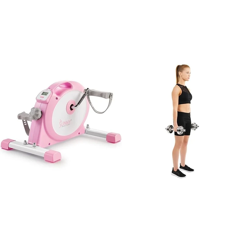 Sunny Health & Fitness Under Desk Smart Mini Pedal Exerciser, Dual Function Exercise Cycle Bike + Adjustable 15 KG Dumbbell Set W/ Carry Case, Space Saver, Secure Quick-Lock, Anti-Slip Steel Handle