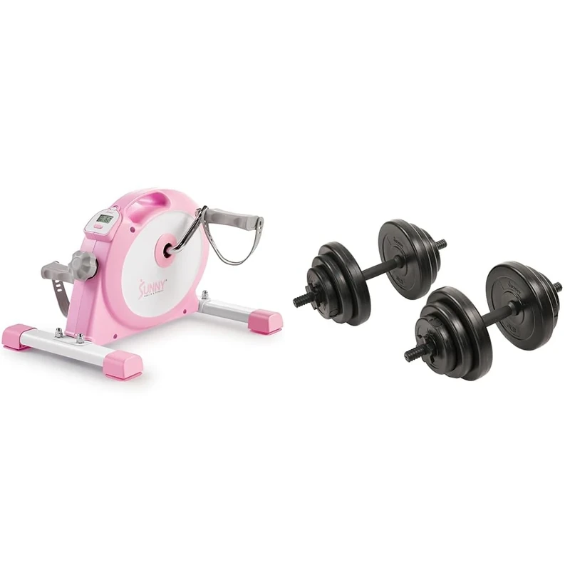 Sunny Health & Fitness Under Desk Smart Mini Pedal Exerciser, Dual Function Exercise Cycle Bike + Exercise Vinyl 18 KG Dumbbell Set Hand Weights for Strength Training, Weight Loss, Workout Bench