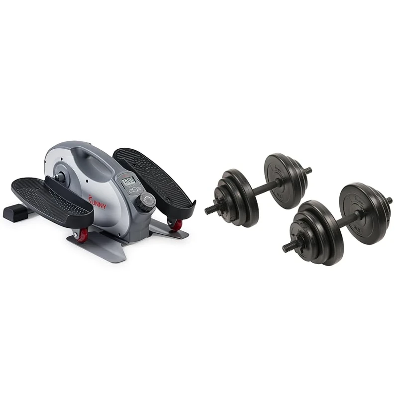 Sunny Health & Fitness Smart Portable Fully Assembled Magnetic Under Desk Elliptical Peddler + Exercise Vinyl 18KG Dumbbell Set Hand Weights for Strength Training, Weight Loss, Workout Bench