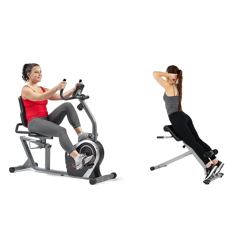 Sunny Health & Fitness Exercise Bikes, Magnetic Recumbent Bike + 45 Degree Hyperextension Roman Chair, Steel, Grey, One Size SF-BH6629