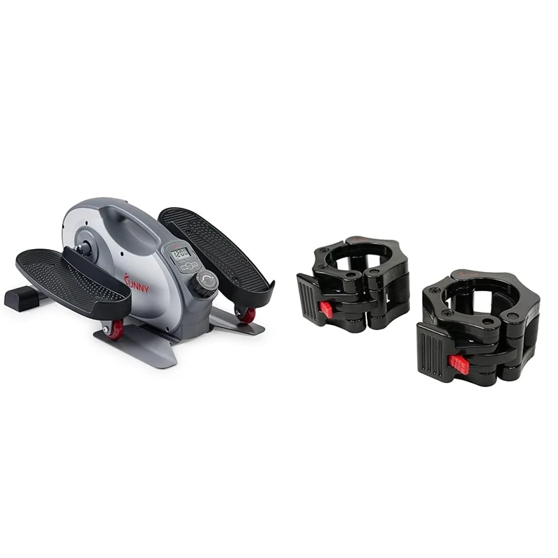Sunny Health & Fitness Smart Portable Fully Assembled Magnetic Under Desk Elliptical Peddler + Locking Collar Clamps with Quick Release for Olympic Barbells for Pro Training