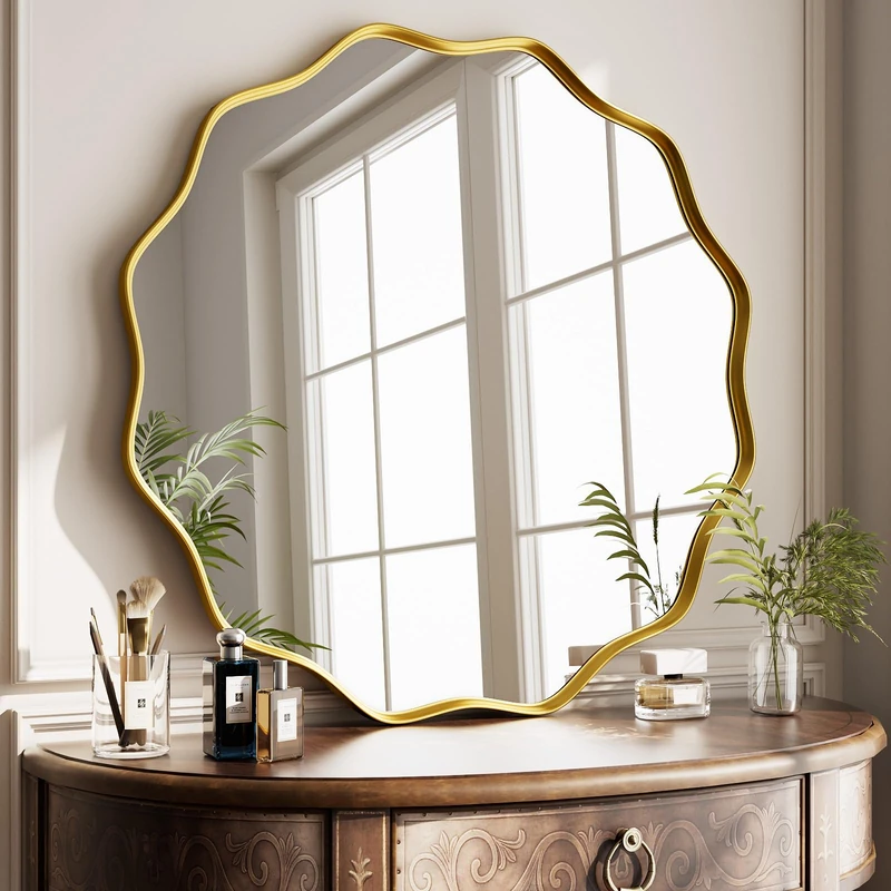 Koonmi Wavy Edge Large Round Mirror, 60cm Wall Mirror with Textured Round Metal Frame, be Hung or Placed against the Wall, suitable for Bathroom, Corridor, Entrance, Living Room, Gold
