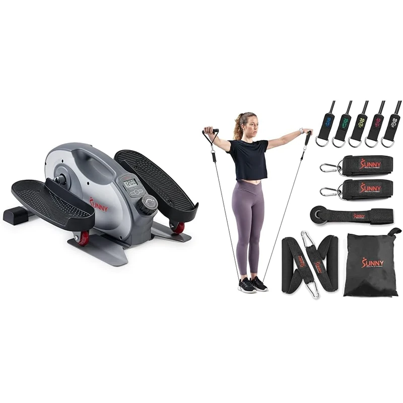 Sunny Health & Fitness Smart Portable Fully Assembled Magnetic Under Desk Elliptical Peddler + Premium esistance Band Set With Door Anchors, Wrist Straps, Handles & Carry Bag