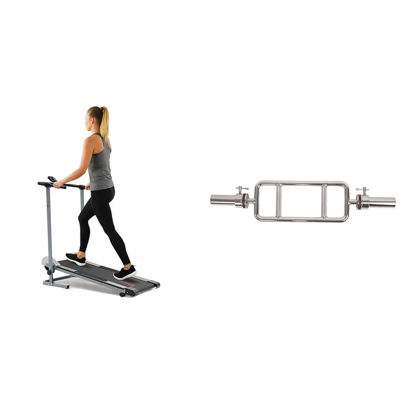 Sunny Health & Fitness Foldable Manual Treadmill, Compact Cardio Fitness + 86 cm Olympic Triceps Bar with Ring Collars, Olympic Weight for Weightlifting and Bodybuilding - OB-34