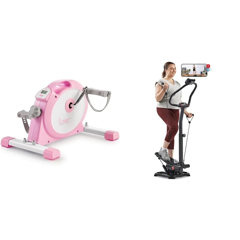 Sunny Health & Fitness Under Desk Smart Mini Pedal Exerciser, Dual Function Exercise Cycle Bike + 2-in-1 Power Stepper W/ Resistant Bands & Handlebar, Low-Impact Cardio, Adjustable, 150KG Max