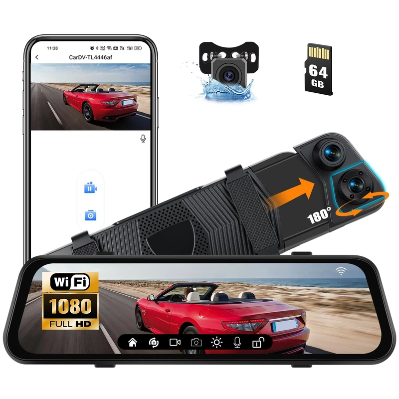 CAMECHO WIFI Triple Mirror Dash Cam, 9.66" IPS Touch Screen with 64G Card, 1080p Rear View Mirror Camera Front/Rear/Interior, 170° Wide Angle, Loop Recording, G-Sensor, Night Vision,Reverse Assist