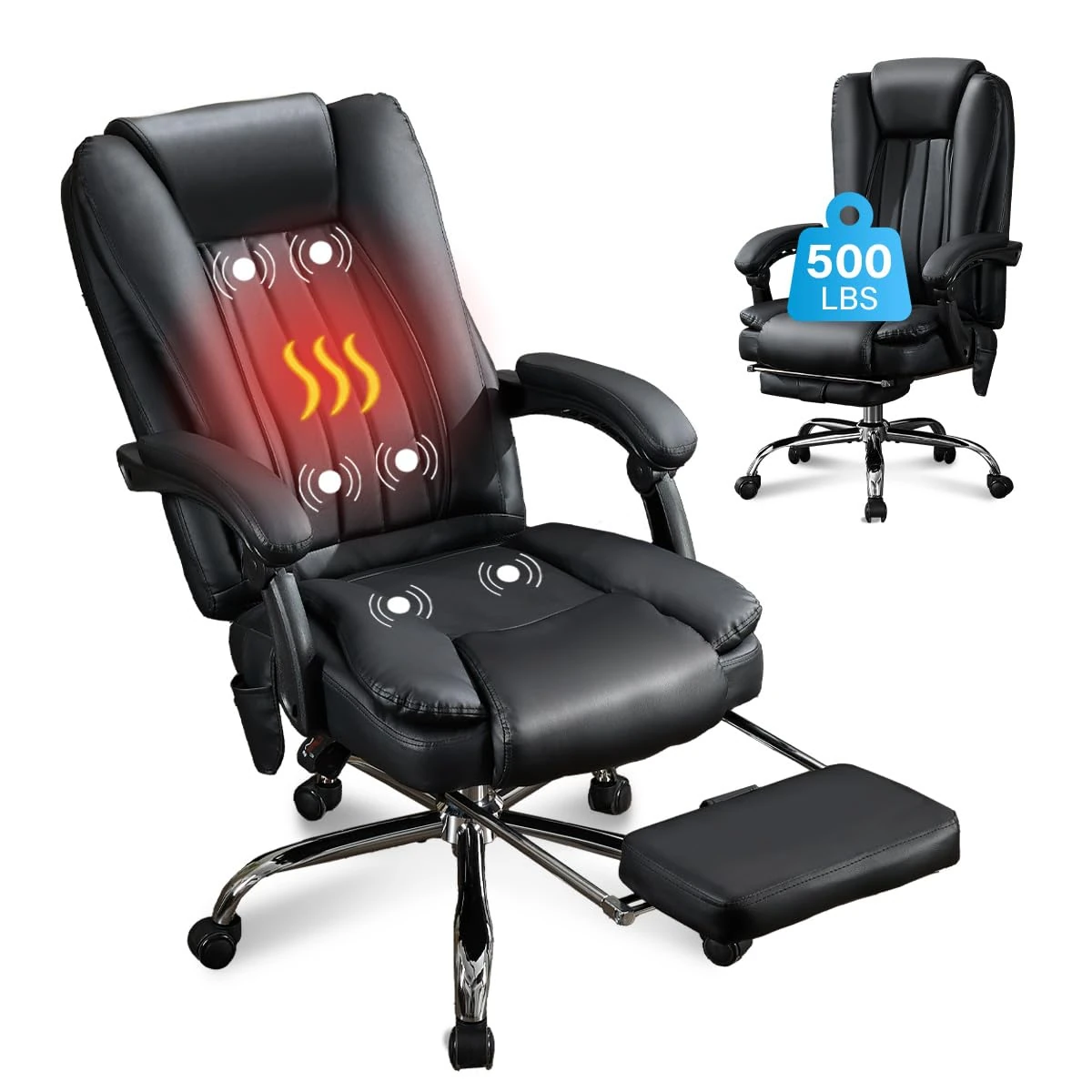 Massage Office Chair with Foot Rest,6 Points Vibration and Heat Ergonomic Executive Desk Chair for Heavy People,500lbs Big and Tall Office Chairs with Reclining High Back for Home Office