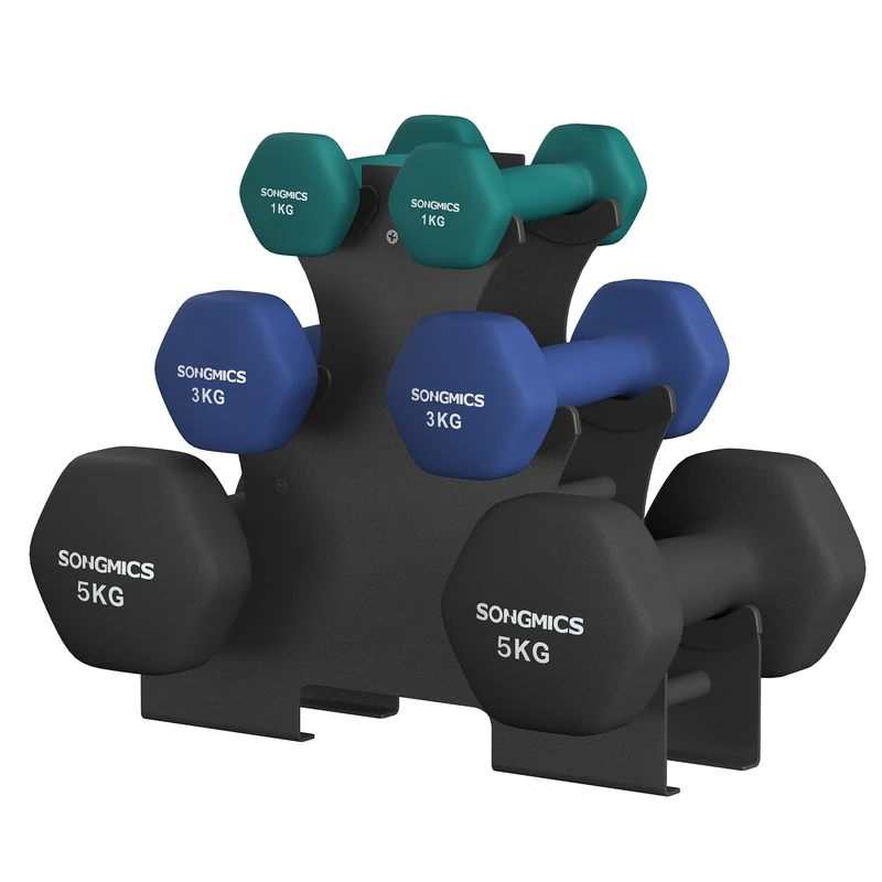 SONGMICS Hex Dumbbells Set with Stand - 2 x 1 kg, 2 x 3 kg, 2 x 5 kg, Neoprene Matte Finish, Hand Weights for Home Exercise, Teal Blue, Harbor Blue, and Ink Black SYL618QZ02