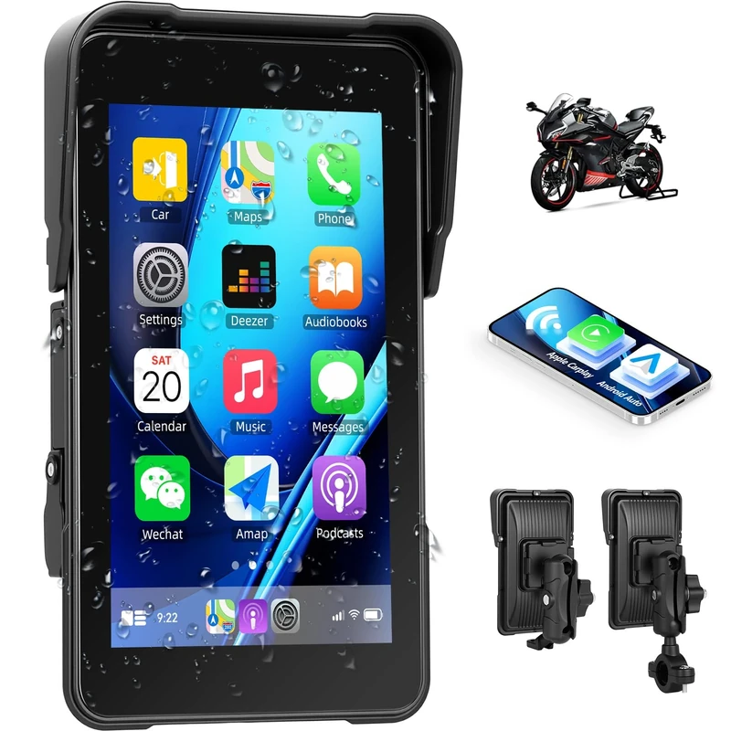 CAMECHO Vertical CarPlay Screen for Motorcycle, Removable Wireless Apple CarPlay Android Auto, 5" Touch Screen Portable Car Stereo for Motorbike IP68 Waterproof Bluetooth Trans Voice Control
