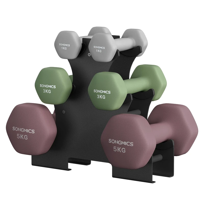 SONGMICS Hex Dumbbells Set with Stand - 2 x 1 kg, 2 x 3 kg, 2 x 5 kg, Neoprene Matte Finish, Hand Weights for Home Exercise, Light Grey, Ivy Green, and Wine Red SYL618MZ02