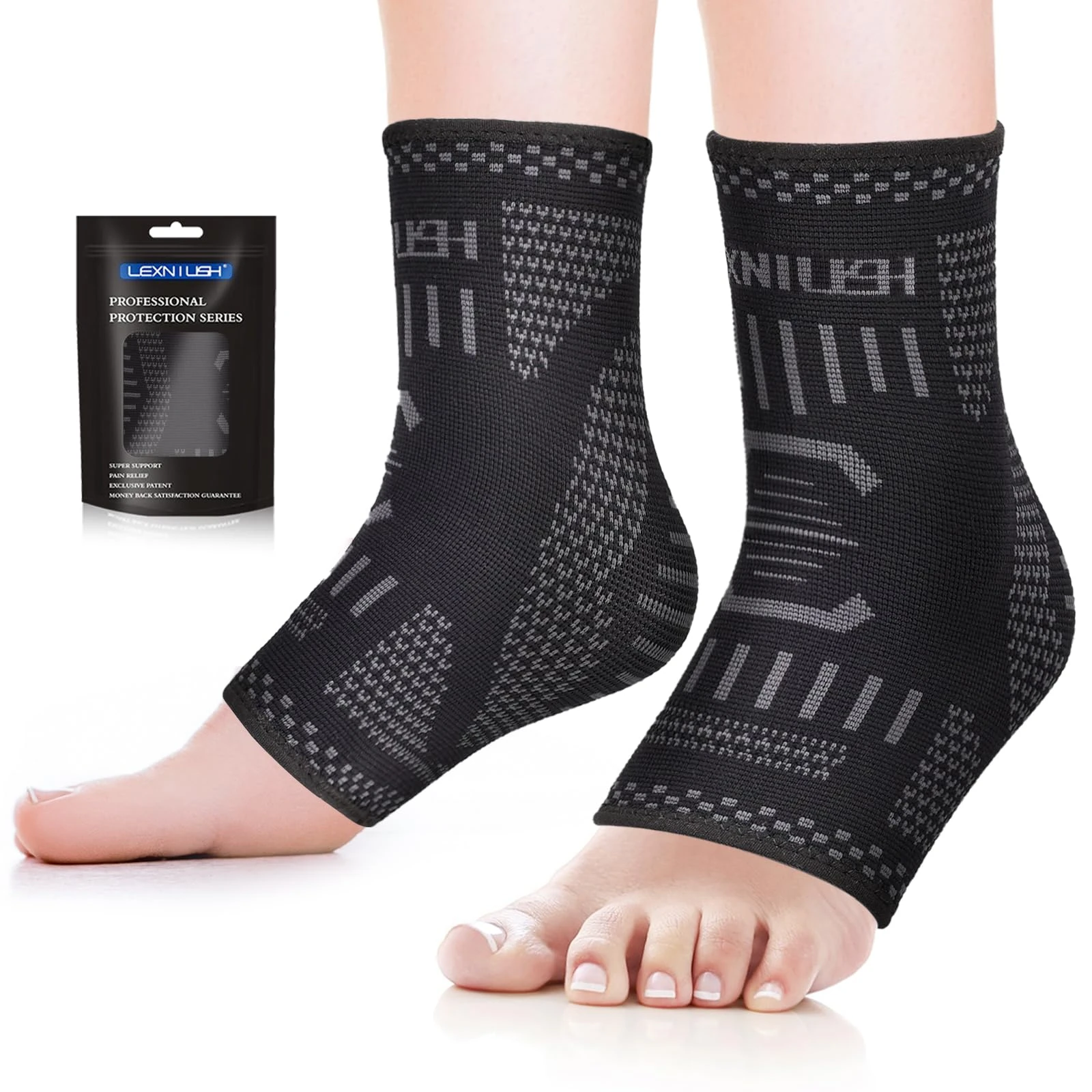Lexniush 2 Pack Ankle Support for Women Men, Ankle Brace for Ligament Damage, Sprained Ankle, Plantar Fasciitis, Achilles Tendonitis, Compression Foot Support Sleeve for Sports, Running Black Grey S