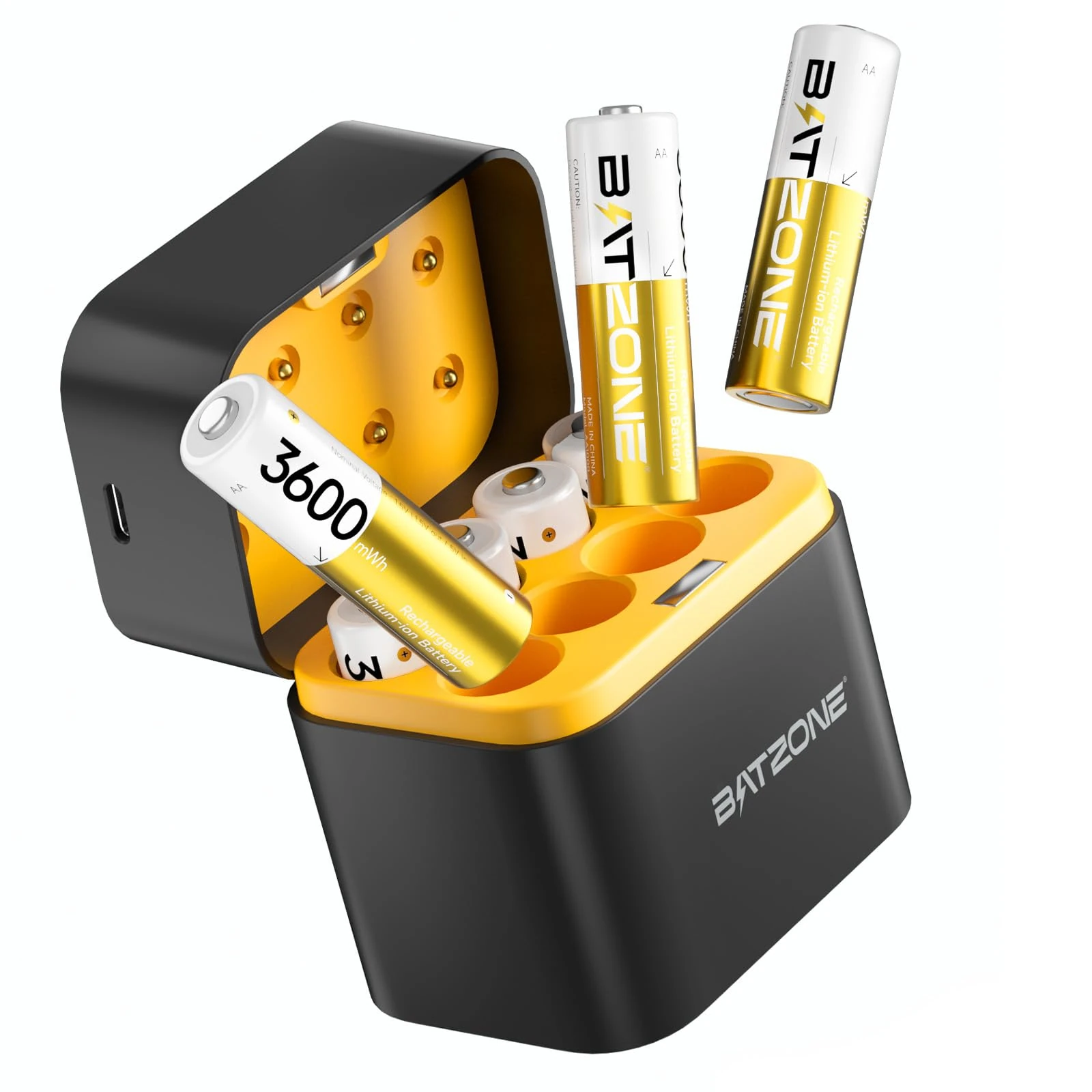 BATZONE 8xAA Rechargeable Lithium Batteries with Charger, 3600mWh High Capacity 1.5V AA Batteries,Long Lasting Rechargeable AA Li-ion Battery with Integrated Charing Storage Box