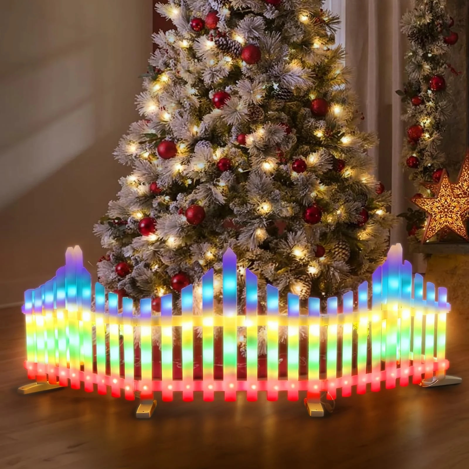 panthem LED Christmas Tree Fence, 5 Pack 1.75 Meter Christmas Decorative Fences White Plastic Picket Fences 8 Modes DIY Connectable Garden Fence for Pets Xmas Tree (Colorful- 1.75 metre)
