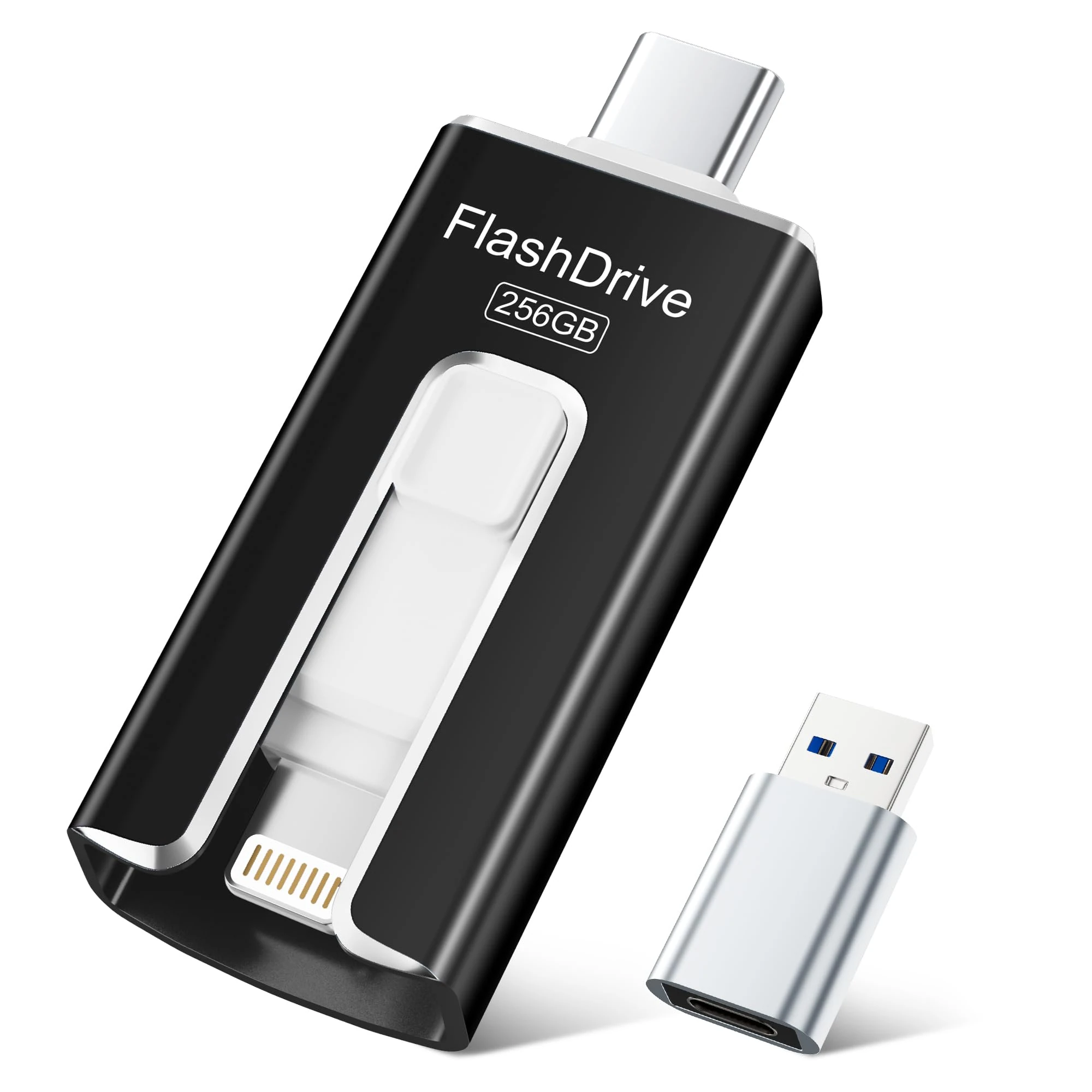 SUDEHO USB Stick 256GB for iPhone, MFi Certified USB-C & Lightning Memory Stick, 3-in-1 USB 3.0 Flash Drive for iPhone/iPad/Android/PC, High-Speed Photo & Video Backup, Easy File Storage, Black