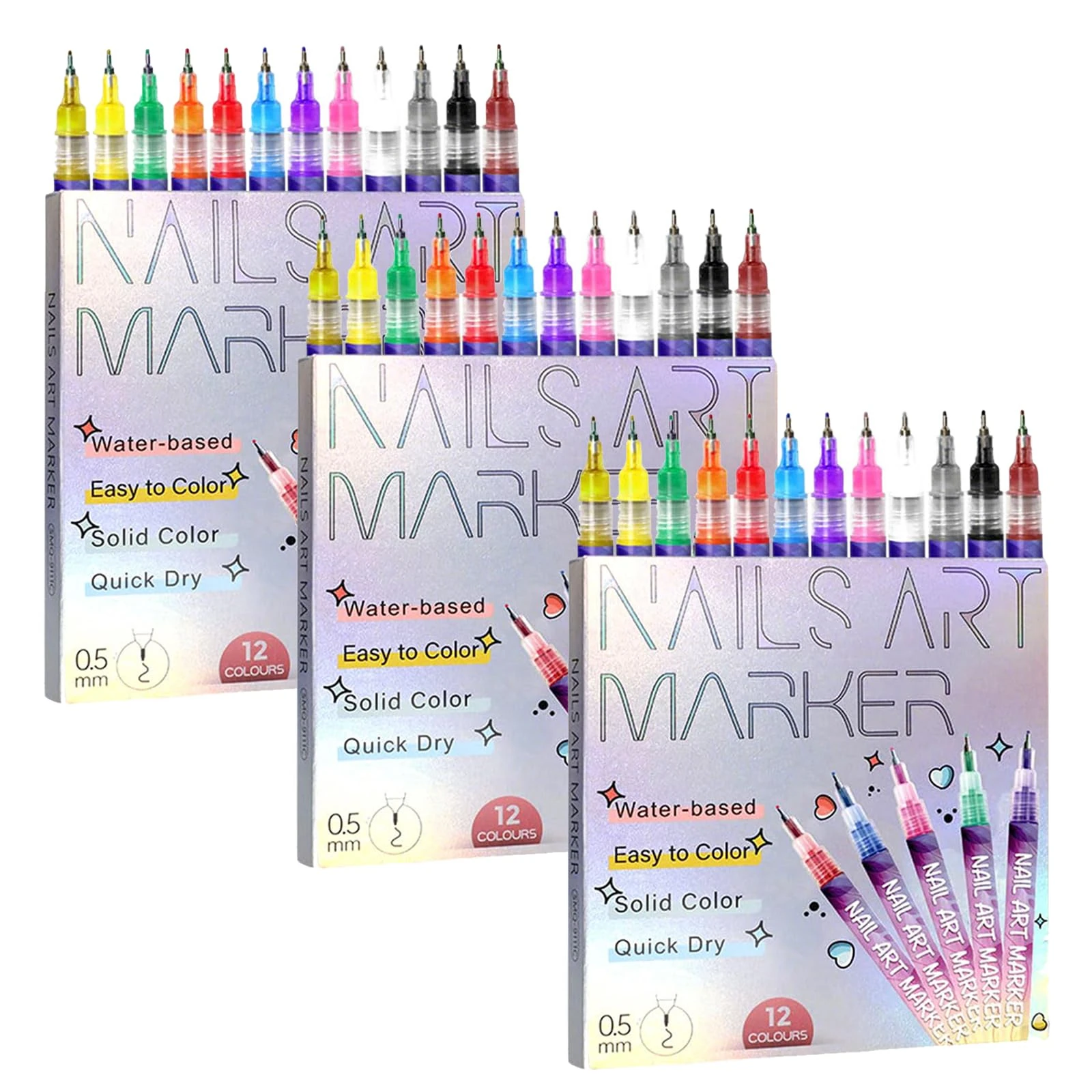 Nail Art Pens Set, 12 Colours Fine Tip Nail Art Markers 0.5mm, Quick Dry Nail Painting & Dotting Pens for DIY Nail Design, Home & Salon Use (3 Set)