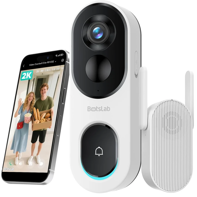 BOTSLAB 2K Video Doorbell - 5200mAh Battery, AI Detection, Waterproof