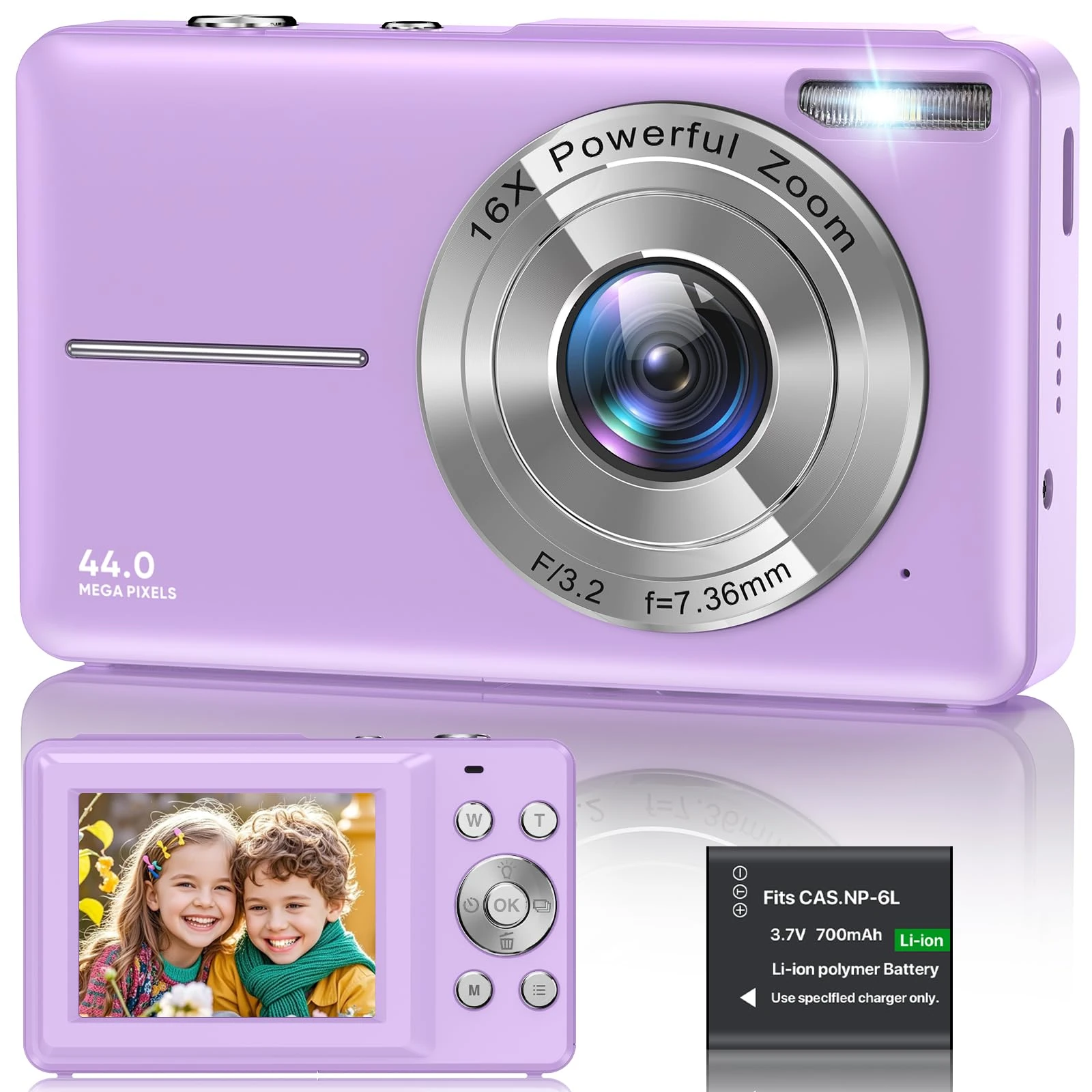 Digital Camera 1080P, 44MP FHD Compact Digital Camera, 16X Digital Zoom Portable Photo Camera with 2.4" LCD Screen, 1 Battery, Vlogging Camera for Kids, Beginners, Teens, Students-Purple (No SD Card)