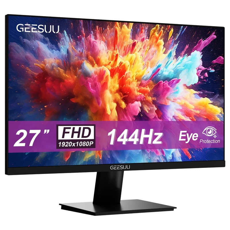 GEESUU 27 Inch Computer Monitor, PC Gaming Monitors 144Hz, 5ms, FHD 1080p, Eye-Care Screen, Lowblue, 99% sRGB, VESA 75x75mm, HDMI 2.0 & DP 1.2