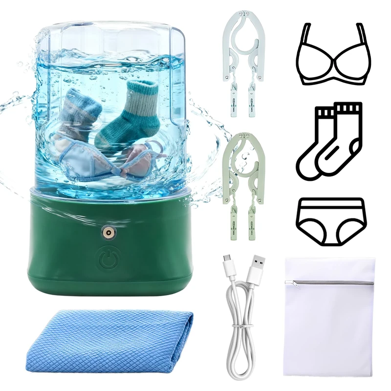 Mini Portable Underwear Washing Machine, Turbo Travel Washing Machines for Camping, Rechargeable Cordless Clothes Wash Suitable for Underwear, Bra, Socks, Baby Clothes, and Small Item (Green)