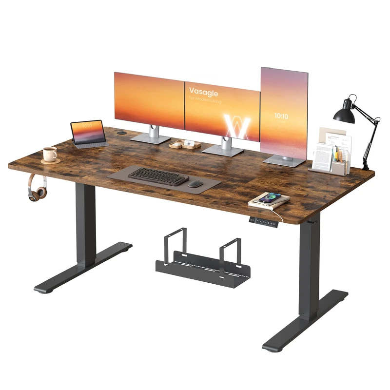 VASAGLE Electric Standing Desk, 160 x 80 cm, USB C Port, Cable Tray, Height Adjustable Desk, Sedentary Reminder, 3 Memory Heights, for Home Office, Rustic Brown LSD146KD03