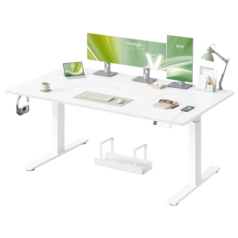 VASAGLE Electric Standing Desk, 160 x 80 cm, USB C Port, Cable Tray, Height Adjustable Desk, Sedentary Reminder, 3 Memory Heights, for Home Office, Matte White LSD146WZ03