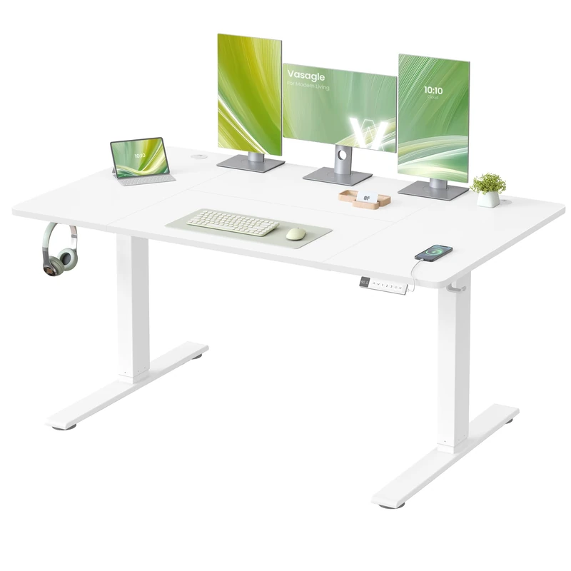 VASAGLE Electric Standing Desk, 140 x 80 cm, USB C Port, Cable Tray, Height Adjustable Desk, Sedentary Reminder, 3 Memory Heights, for Home Office, Matte White LSD144WZ03
