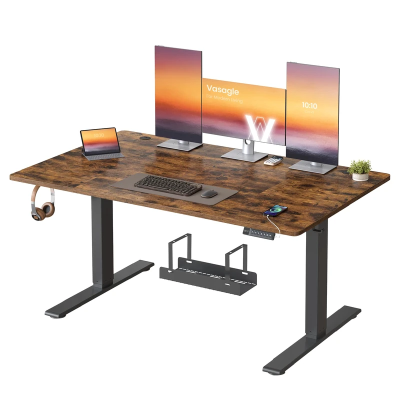 VASAGLE Electric Standing Desk, 140 x 80 cm, USB C Port, Cable Tray, Height Adjustable Desk, Sedentary Reminder, 3 Memory Heights, for Home Office, Rustic Brown LSD144KD03