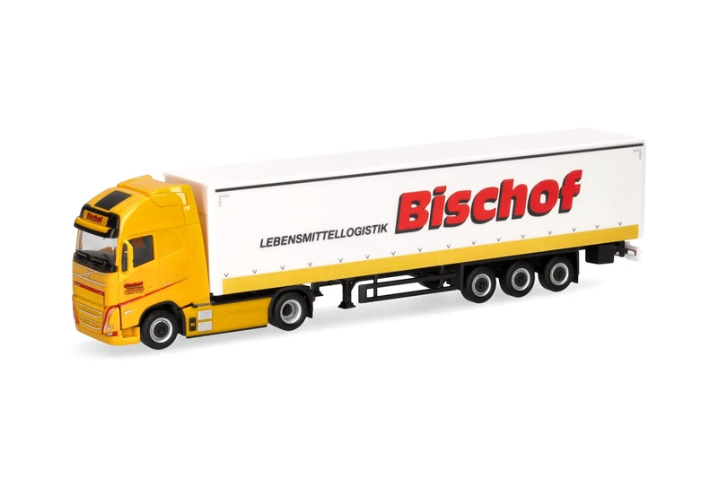 Herpa Model Truck Volvo FH GL XL electric curtain-side semi-trailer with side boards "Bischof", miniature scale 1:87, collectible, Made in Germany, plastic