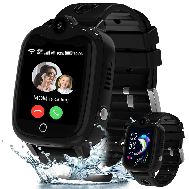 ELEJAFE Kids GPS Smart Watch, Kids Smart Watch for Boys Girls with Call, Video, Family Voice, Chat, SOS, IP68 Waterproof, School Mode, Camera, Alarm, Calculator, Birthday Gifts(Black-4G-GPS-Call)