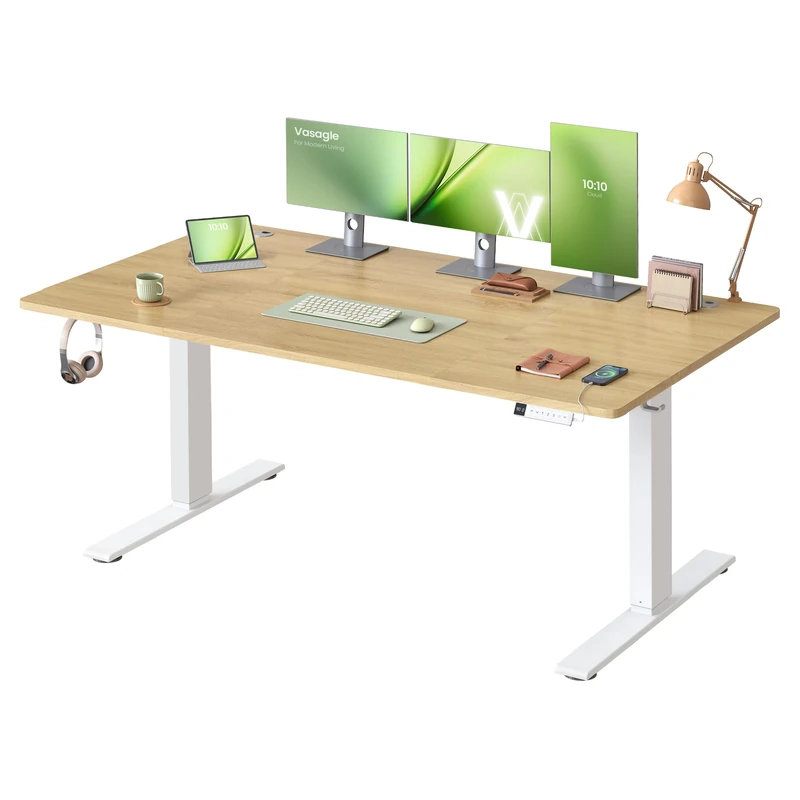 VASAGLE Electric Standing Desk, 160 x 80 cm, USB C Port, Cable Tray, Height Adjustable Desk, Sedentary Reminder, 3 Memory Heights, for Home Office, Golden Oak LSD146YA03