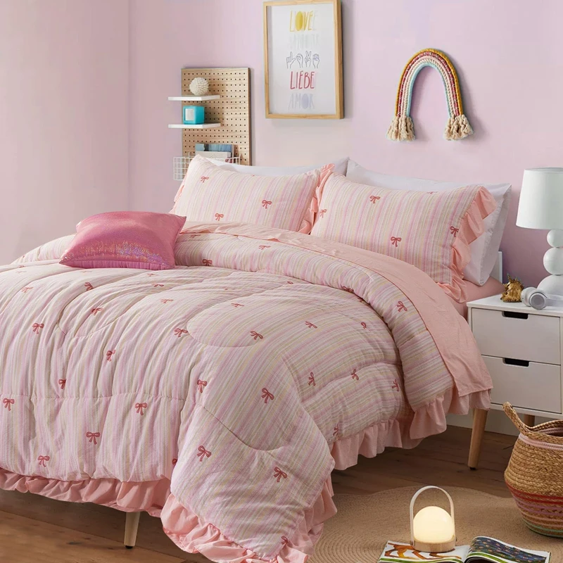 A Nice Night Rainbow Stripes & Bows Bedding Set,Ruffle 6 Piece Bed in a Bag Matching Sheet Set,Princess Style Chic Bow Printed,Light Pink Room Decor for Girls,Queen