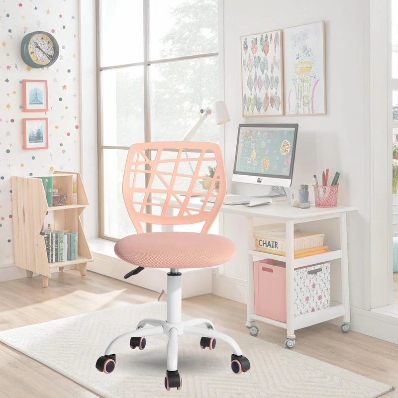 FurnitureR Colouree Office Chair, Ergonomic Swivel Seat Height Adjustable for Computer, 5 Spoke Wheels, Chairs and Stools for Home, Work Seat, Pink Macaron