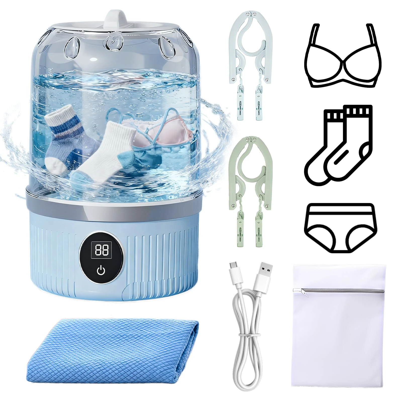 Mini Portable Underwear Washing Machine, Small Turbo Travel Washing Machines for Camping, Rechargeable Cordless Clothes Wash Suitable for Underwear, Bra, Socks, Baby Clothes, and Small Item (Blue)