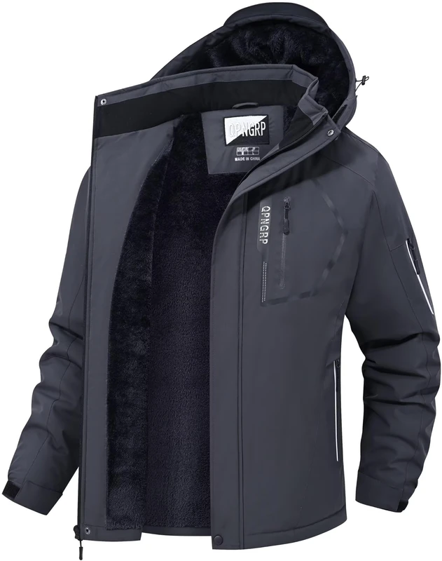QPNGRP Men's Ski Jacket Waterproof Insulated Winter Coat 5 Zipper Pockets, Charcoal Grey, 4XL