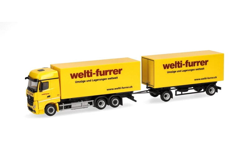 Herpa Model Truck Mercedes-Benz Actros BigSpace swap body truck "Welti-Furrer", miniature scale 1:87, collectible, Made in Germany, plastic