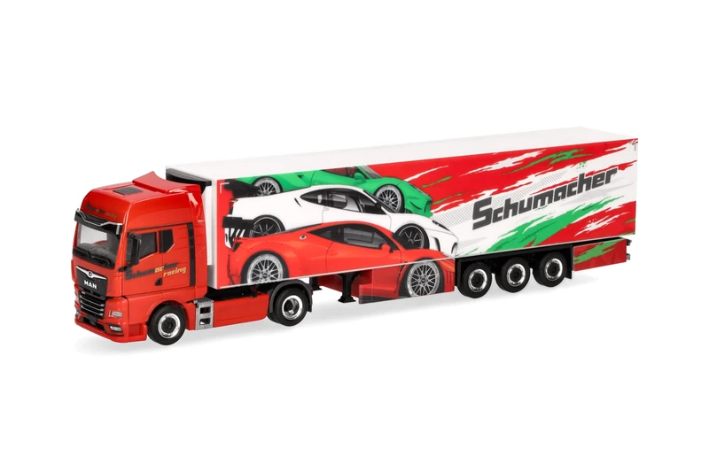 Herpa Model Truck MAN TGX GX refrigerated semi-trailer "Schumacher", miniature scale 1:87, collectible, Made in Germany, plastic