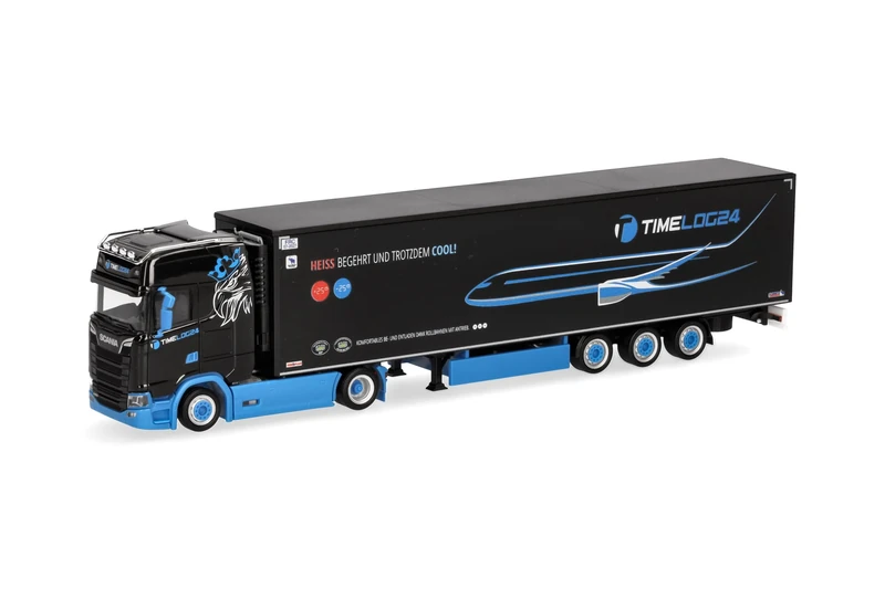 Herpa Model Truck Scania CS 20 HD refrigerated semi-trailer "timelog24", miniature scale 1:87, collectible, Made in Germany, plastic