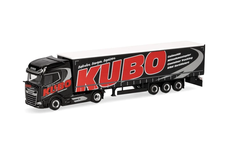 Herpa Model Truck DAF XG+ curtain-side semi-trailer "KUBO", miniature scale 1:87, collectible, Made in Germany, plastic