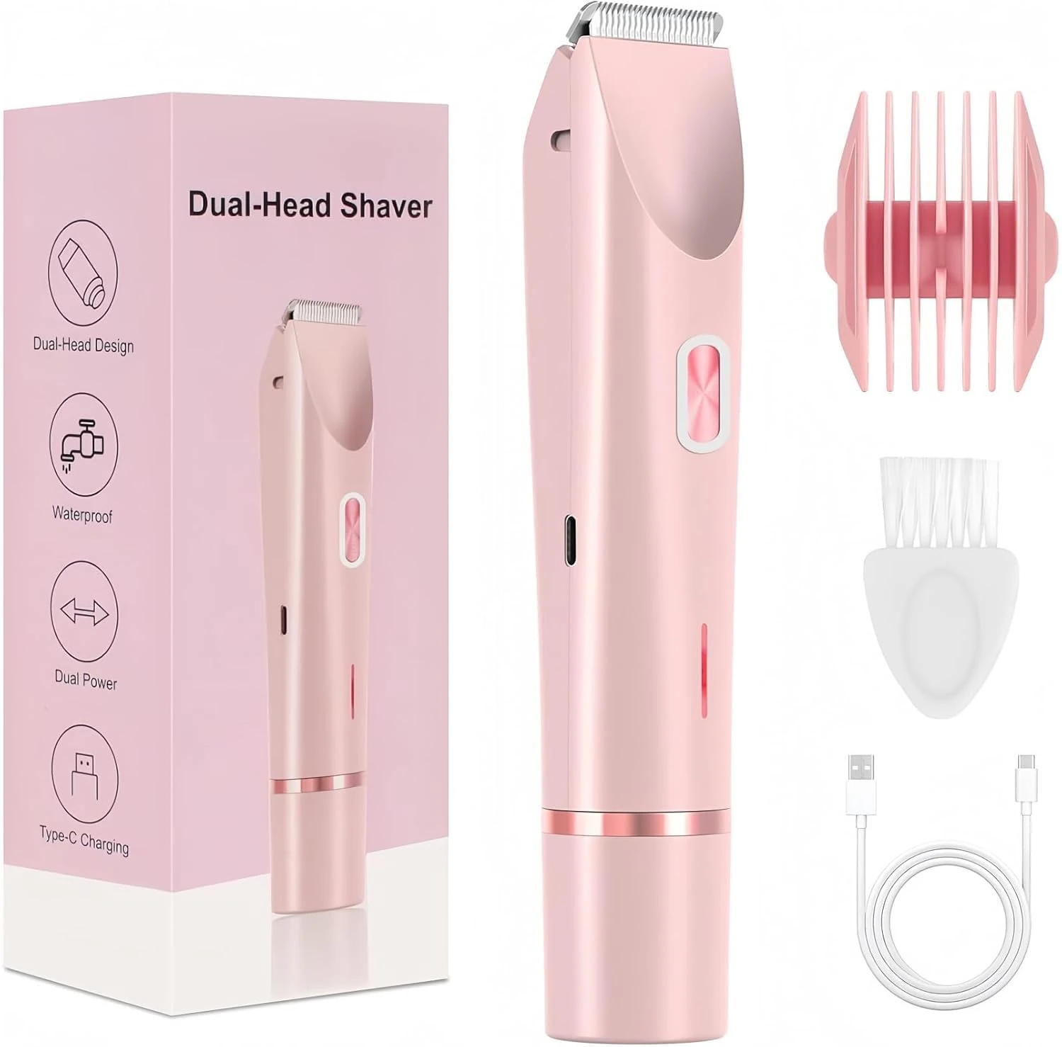 Lady Shavers for Women, 2-in-1 Bikini Trimmer, Electric Razor for Women, Wet & Dry Use, Rechargeable Electric Shaver for Bikinis Legs Intimate Areas, Replaceable Ceramic Blade (Pink)