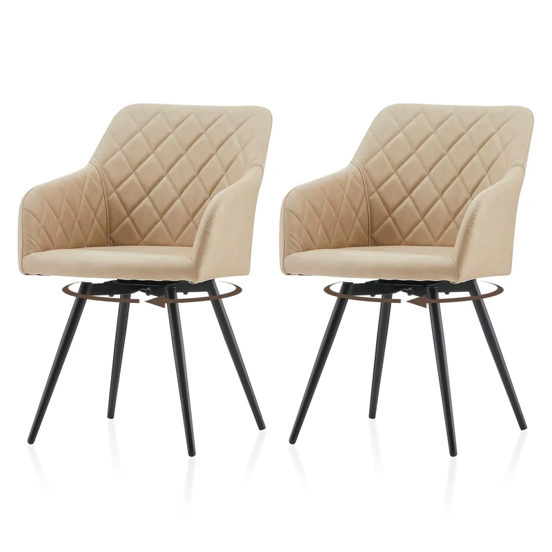 TUKAILAi 360 °Swivel Faux Leather Dining Chairs Set of 2, Upholstered Kitchen Chairs Armchair with Backrest and Metal Legs for Home Office Bedroom Living Room Lounge (Cream)