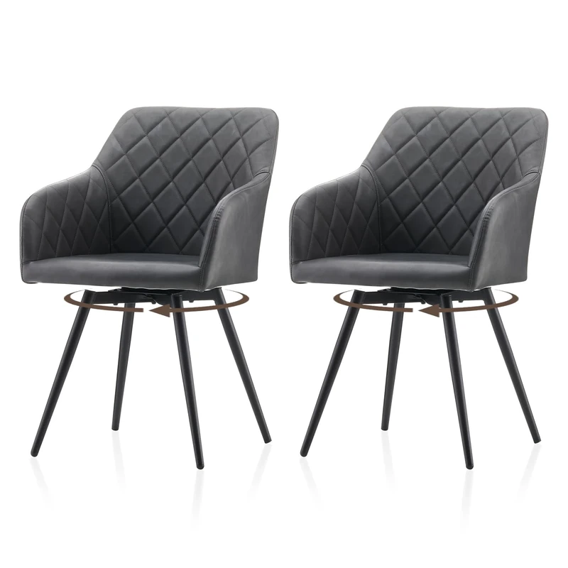 TUKAILAi Faux Leather Dining Chairs, Set of 2, 360 °Swivel Upholstered Kitchen Chairs Armchair with Backrest and Metal Legs for Home Office Bedroom Living Room Lounge (Dark Grey)