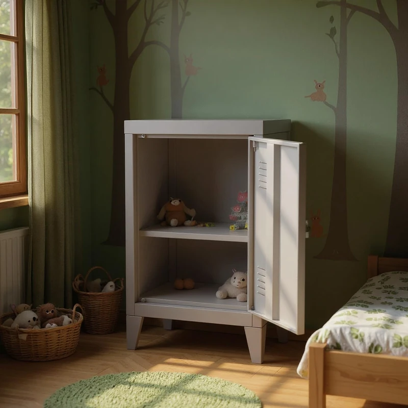 FurnitureR 1-Pack Gray Wardrobe, Industrial Style, Durable Metal Construction with Ventilated Design, for Children’s Rooms, Compact Storage Solution and Versatile Placement