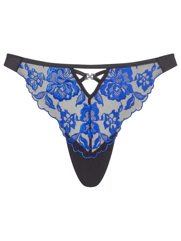Ann Summers Endless Attraction Thong Black/Blue, Womens Underwear with Mesh Back, Delicate Floral Lace & Centre Charm, Flattering & Easy to Wear G String Knicker - Womens Lingerie