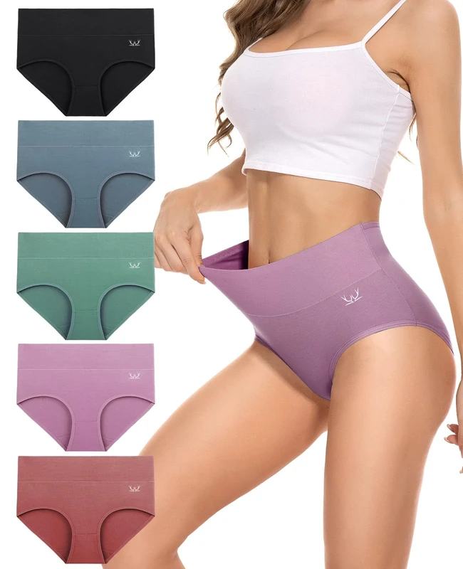 PULIOU Womens Knickers Ladies High Waisted Cotton Underwear Panties Briefs Full Back Coverage Comfy Stretchy Slight Tummy Contorl Multipack of 5