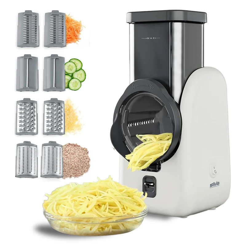 Silva Schneider SKR 800 Electric Kitchen Grater – 80 W, 4 Cutting Attachments, Rotary Stainless Steel Blades, Safe Design with No Blade Contact, Easy Cleaning – White/Dark Grey
