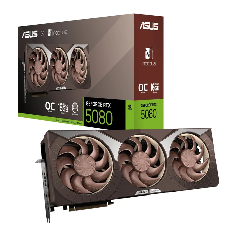 ASUS GeForce RTX 5080 16GB GDDR7 Noctua OC Edition Gaming Graphics Card (Nvidia RTX5080, NVIDIA Blackwell, DLSS 4, PCIe 5.0, 2X HDMI 2.1b, 3X DisplayPort 2.1b, RTX5080-O16G-NOCTUA)