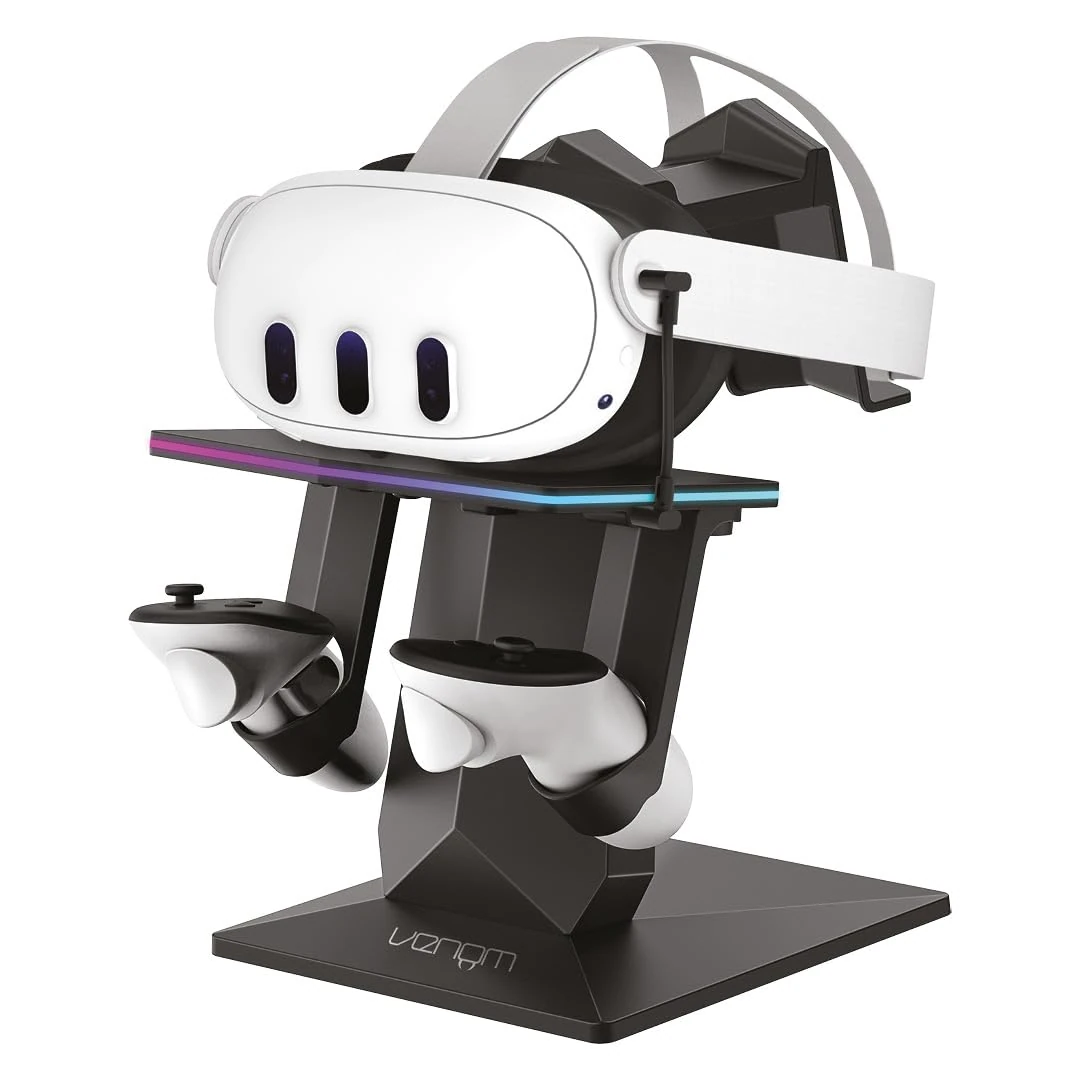 Venom RGB Charging Stand for Meta Quest 3S, Quest 3, Quest 2 & Quest Pro | USB-C Headset Charger & Display Stand with 7-Colour Lighting | VR Storage for Headset & Controllers